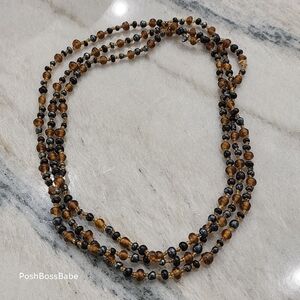 52" Long Amber & Black Glass Bead Infinity Necklace – Vintage Boho Layered Look